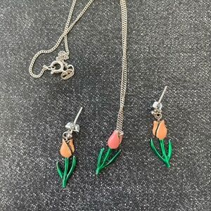 Vintage 925 Sterling Silver Tulip Enamel Earrings and Necklace set